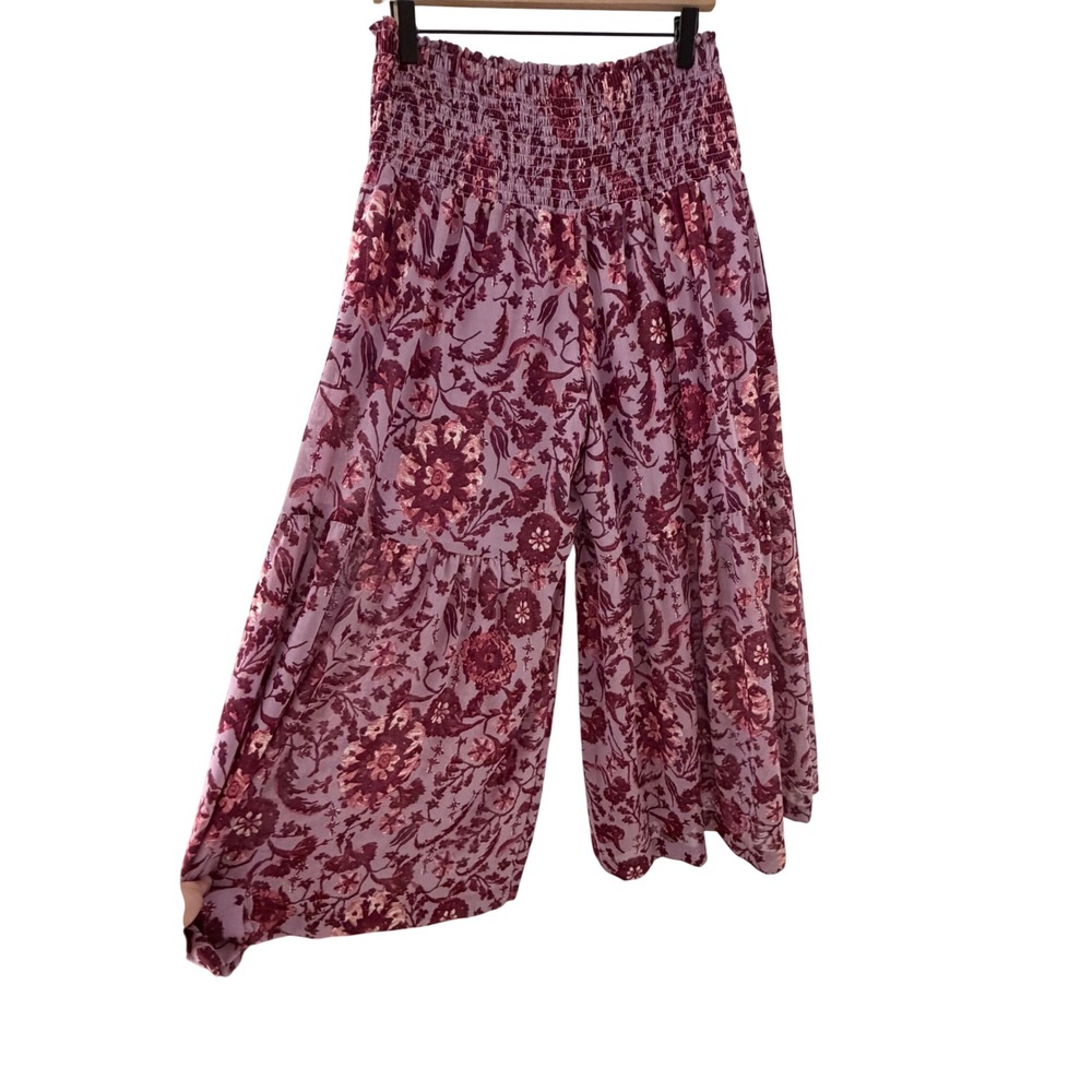 Anthropologie Wide-Leg Smocked Waist Pants in Lavender and Burgundy Floral